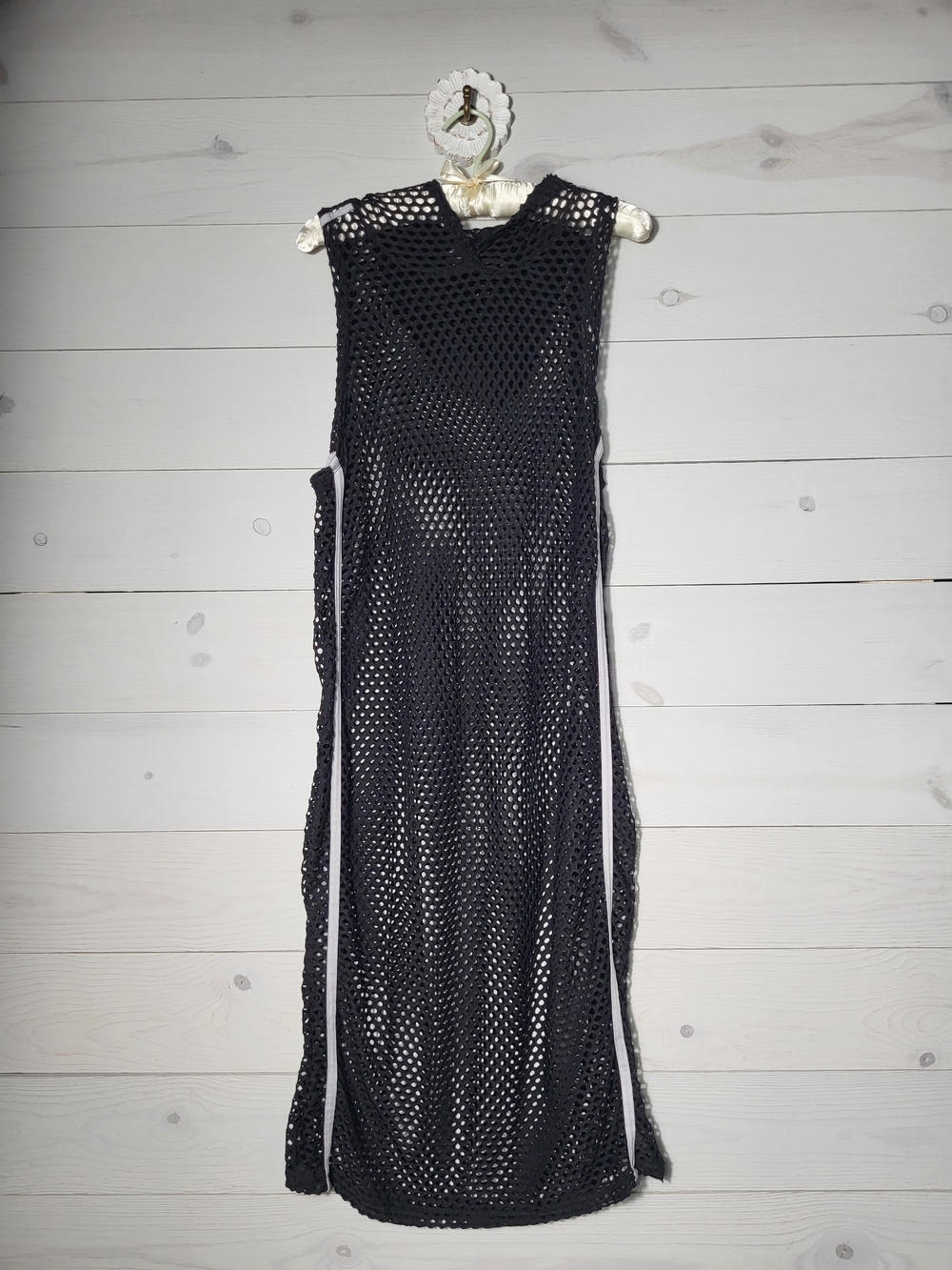 Swim Coverup Maxi Dress Black Fishnet Mesh Side Track Stripes Beach Summer